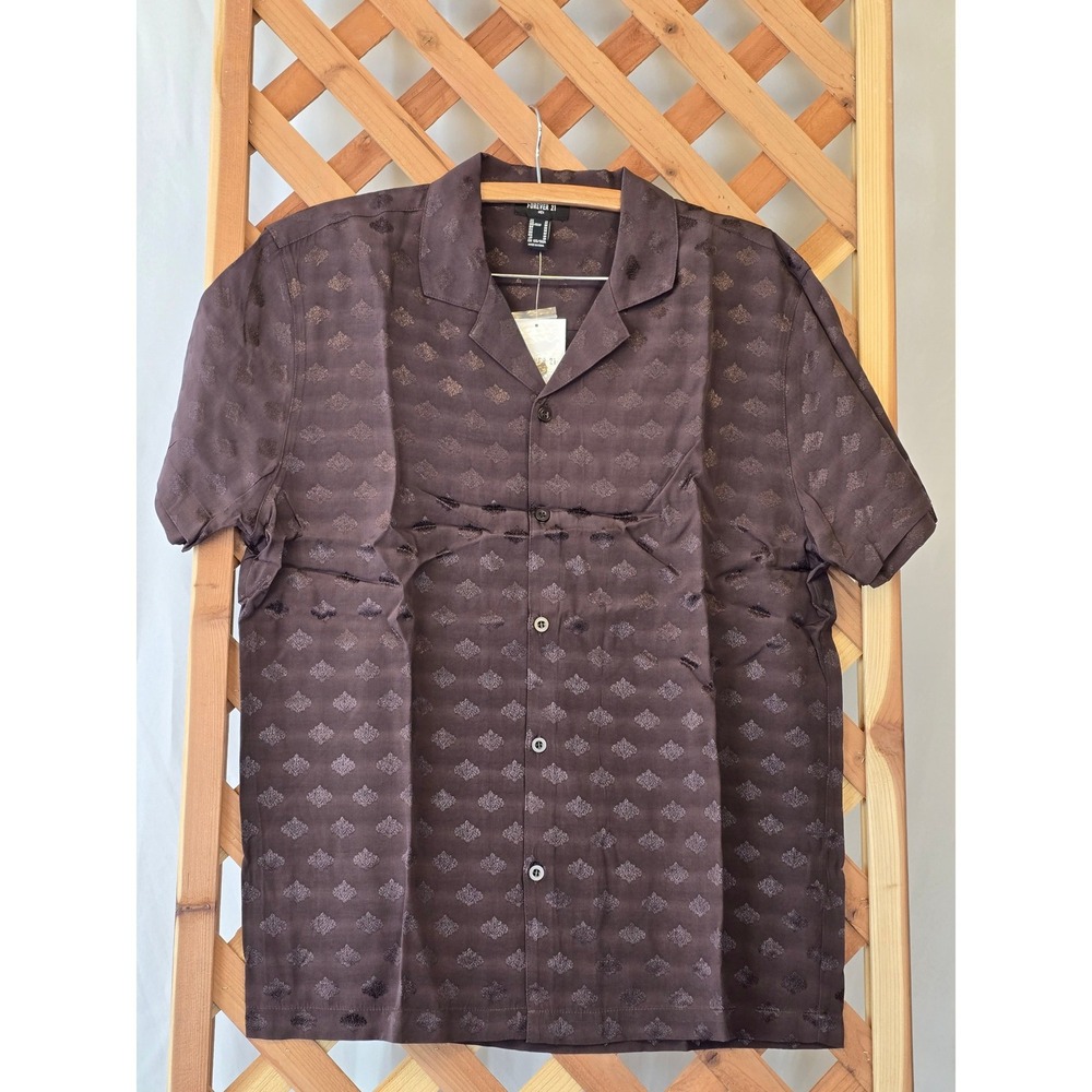 Forever 21 Woven Button Up Shirt‎ Mens Size M Cocoa Brown Damask Rayon -New